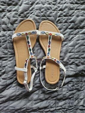 Andiamo White Jeweled T-Strap Sandals